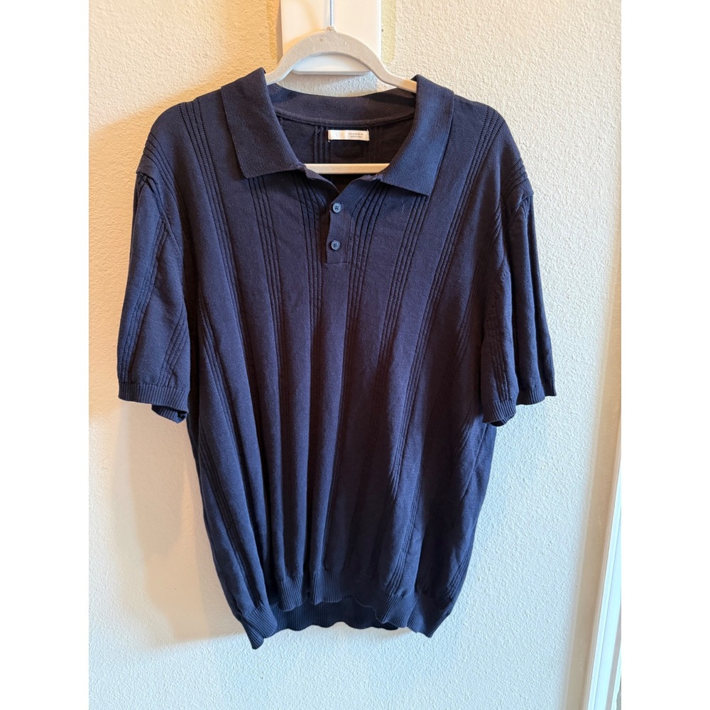 Zara Mens‎ XL Navy Blue Textured Knit Polo Sweater Long Sleeve Ribbed V-Neck